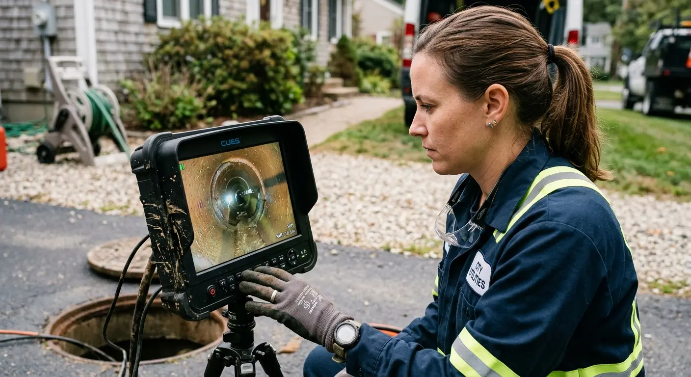 Technician reviewing sewer camera inspection footage in Eagle