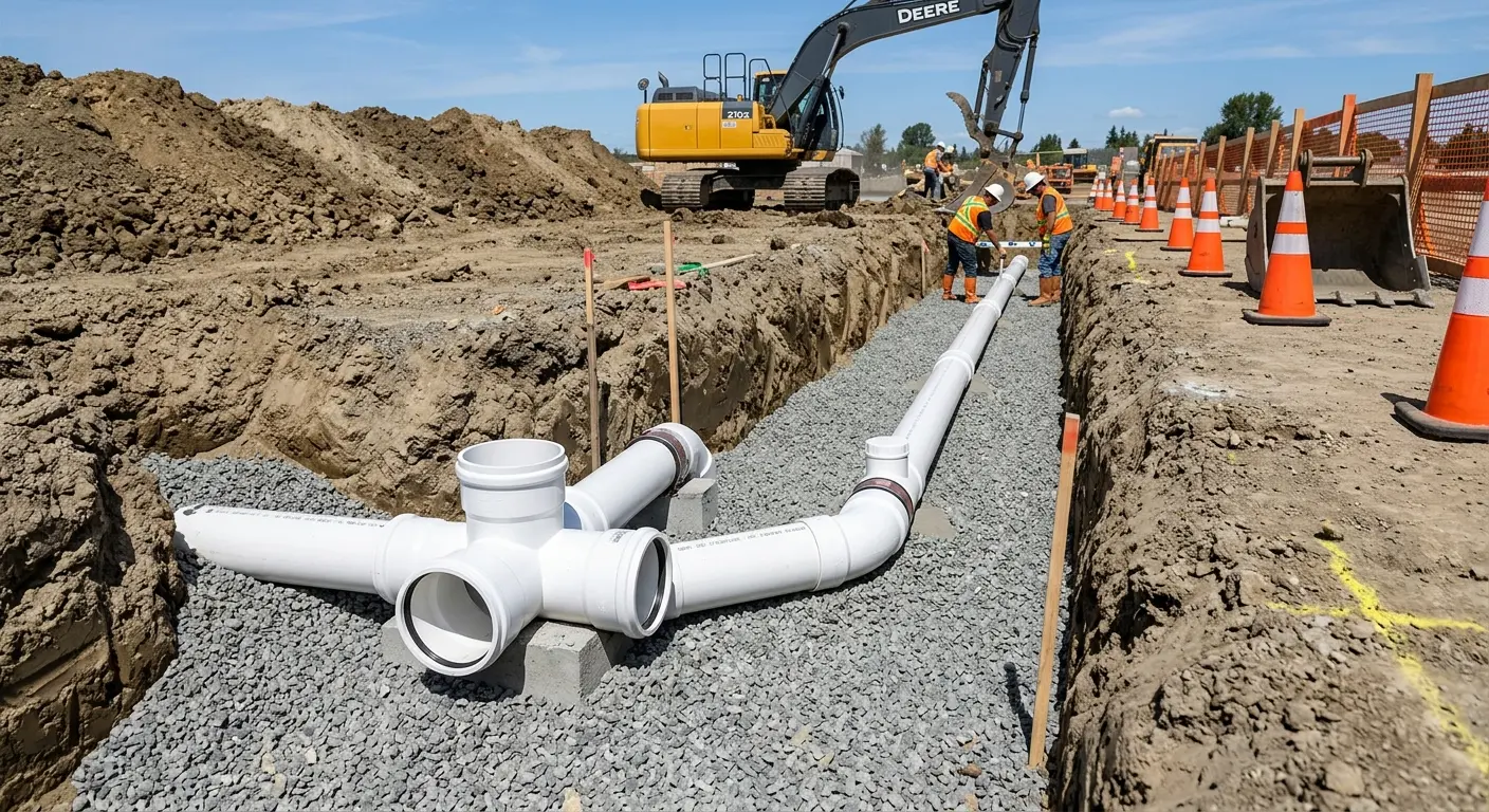 New PVC sewer pipe installation in open trench for Commercial Drain Cleaning in Eagle
