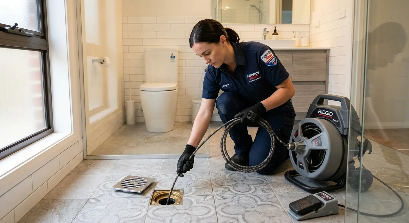 Technician clearing a bathroom floor drain for Clogged Drain Repair in Eagle